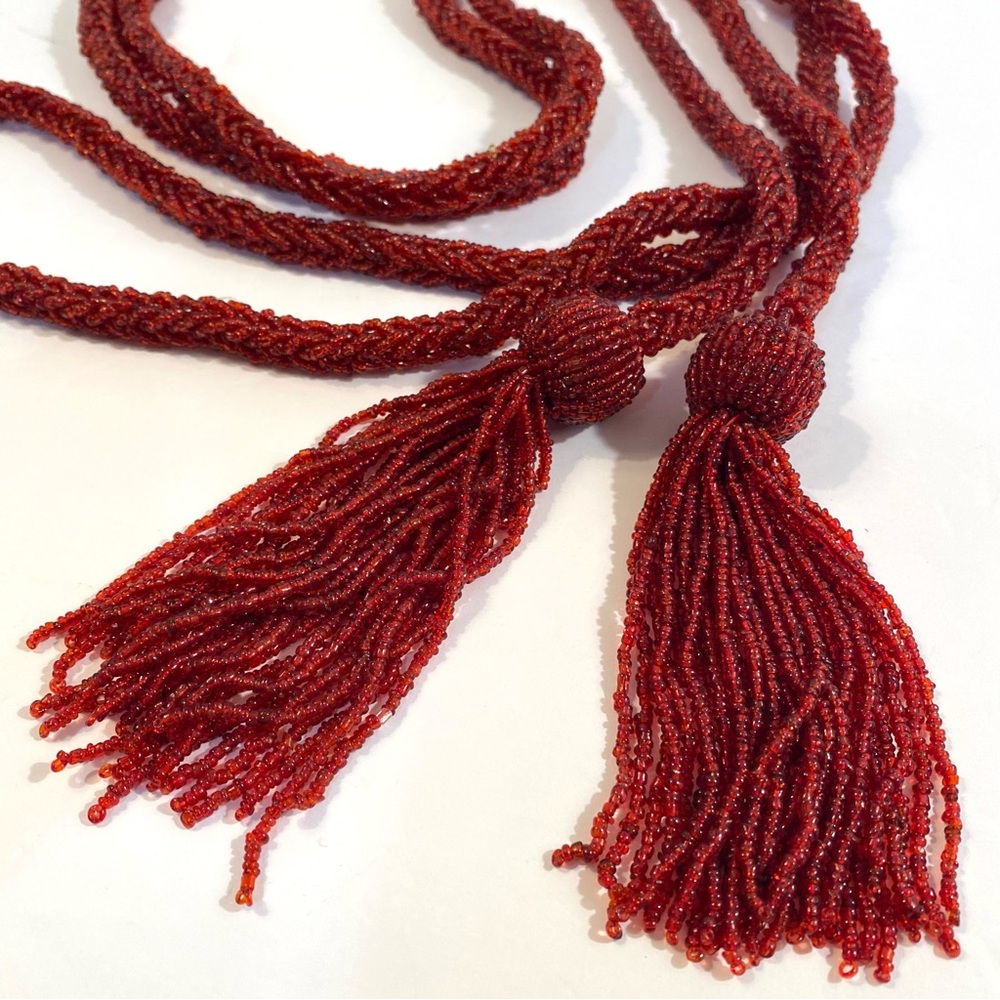 9 Ft Burgundy Red Crimson Glass Beaded Braided Garland + Tassels Holiday Decor - Picture 6 of 8